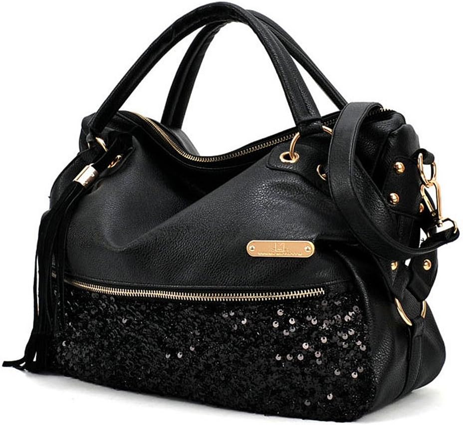 World Trip Women Handbag Shoulder Bags Tote Purse PU Leather Women Messenger Hobo Bag (Black Sequins)