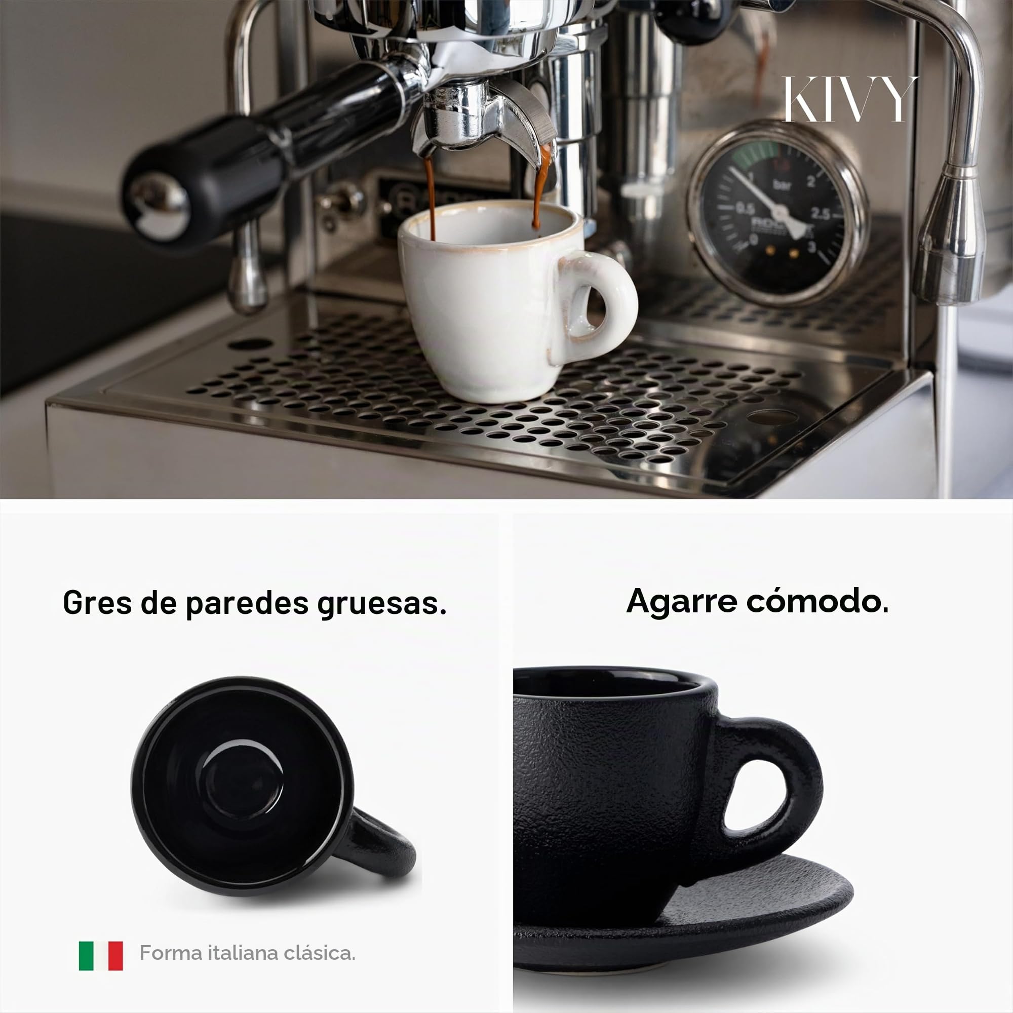 KIVY Juego de 4 Tazas de Espresso de 3 Onzas - Gres de Pared Gruesa, Estilo Italiano Con Platillos, Café Demitasse