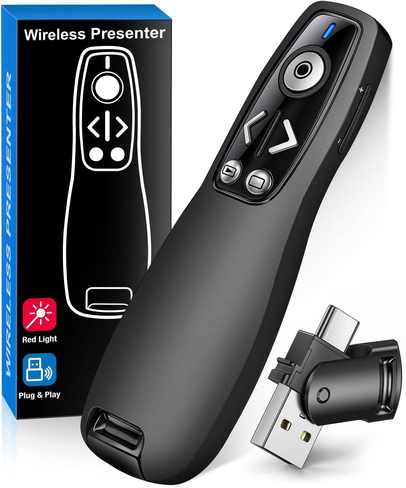 2-in-1 USB Type C Presentation Clicker Wireless Presenter Remote for PowerPoint, Powerpoint Clicker with Hyperlink & Volume Control PowerPoint Slide Advancer for Mac, Computer, Laptop