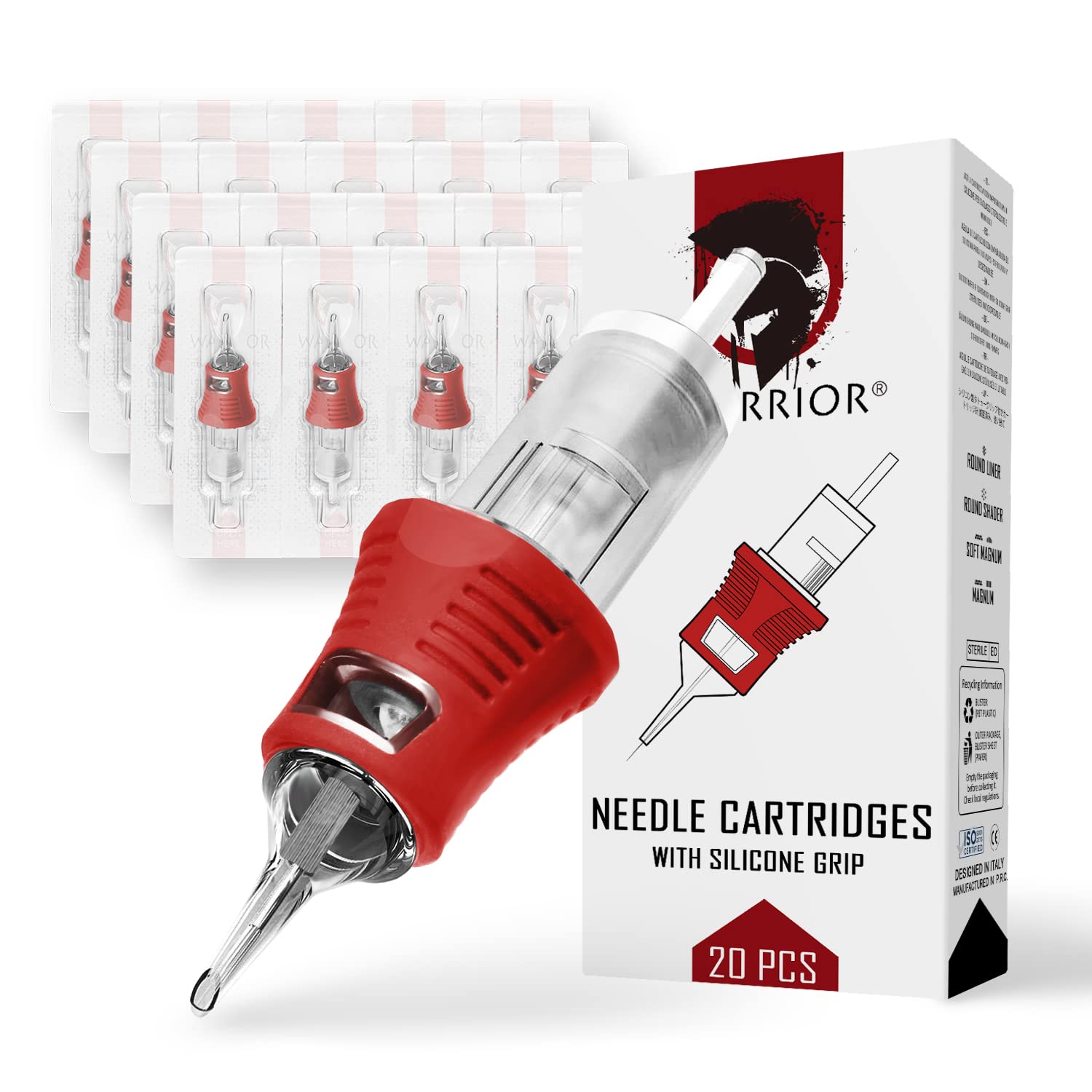 WARRIOR PRO Cartuchos agujas tatuaje con mango goma silicona Cartridges tattoo esterilizado Revestimiento redondo 20piezas Acero quirúrgico japonés Maquillaje permanente PMU(0.25MM-0803RL)