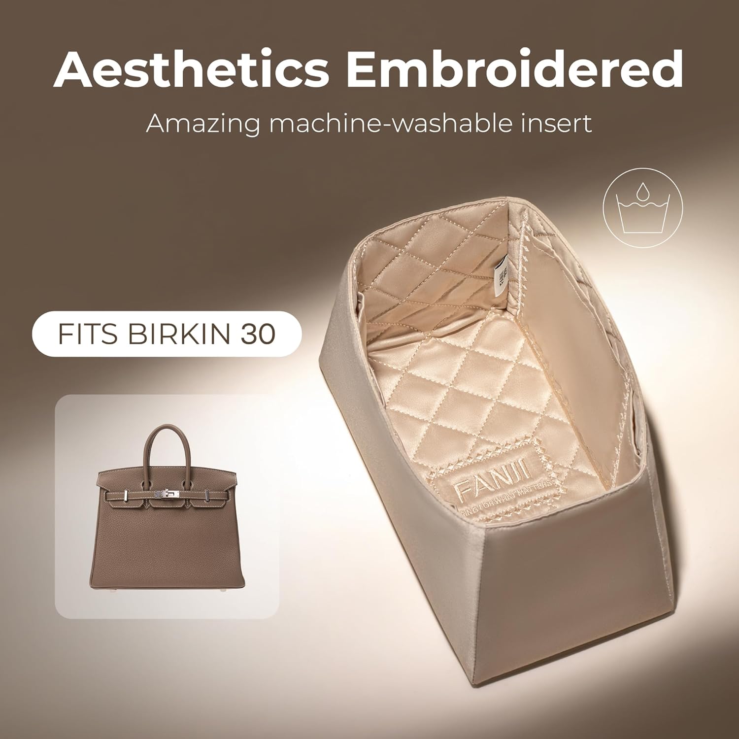 Purse Organizer Insert for Hermes Birkin 30 Handbag, Custom Ferfect Fit Inside Premium Aesthetics Embroidered Lightweight Tote Bag Insert Accessories (Silk Gold Sheen)