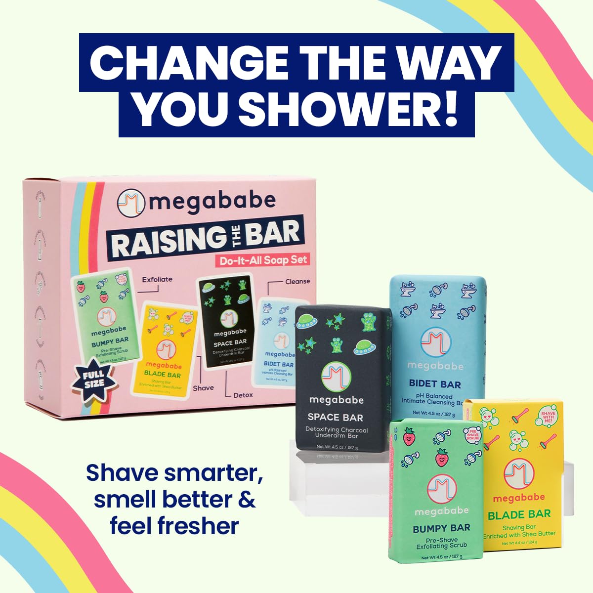 Megababe Raising the Bar Do-It-All Soap Set | Includes Space, Bidet, Bumpy, & Blade Bars