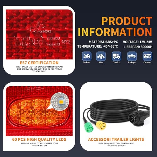 Qiping LED Trailer Lights - 12V-24V Trailer Light Board With 5M Cable, 13 Pins Plug Trailer Lights, IP67 Waterproof LED Tail Light for Trailer Camper Van Trucks Boat | E-Mark E57 - 3