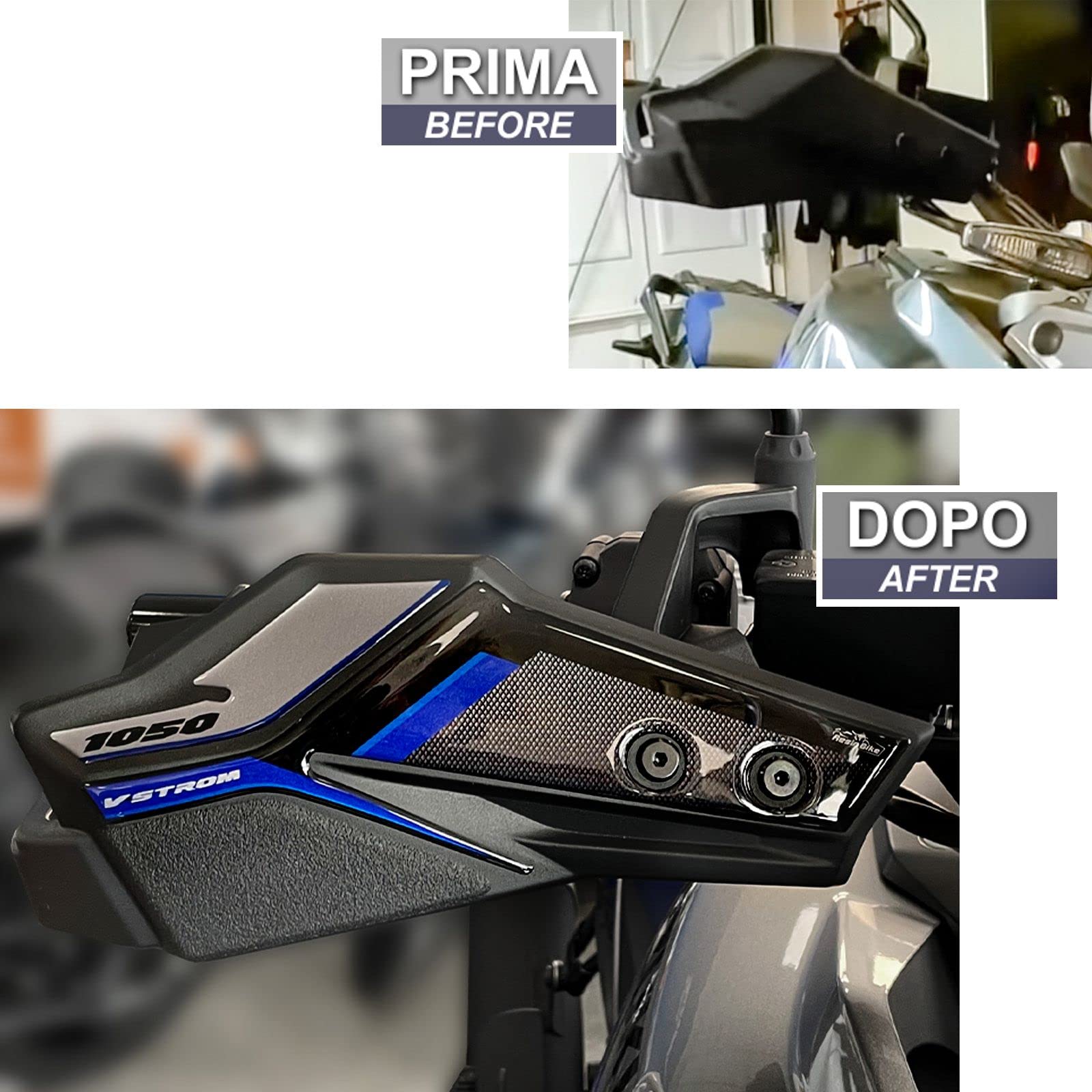 Resin Bike naklejki moto kompatybilne z Suzuki V-Strom 1050 XT ABS 2022 Grigio Aspen. Ochrona osłon d?oni przed uderzeniami i zarysowaniami. Zestaw naklejek 3D z żywicy - lewą i prawą stron
