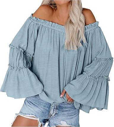 Amazon.com: Camisa de lino para mujer, a la moda, con mangas acampanadas,  sexy, con hombros descubiertos, para trabajo, negocios, estilo bohemio :  Ropa, Zapatos y Joyería