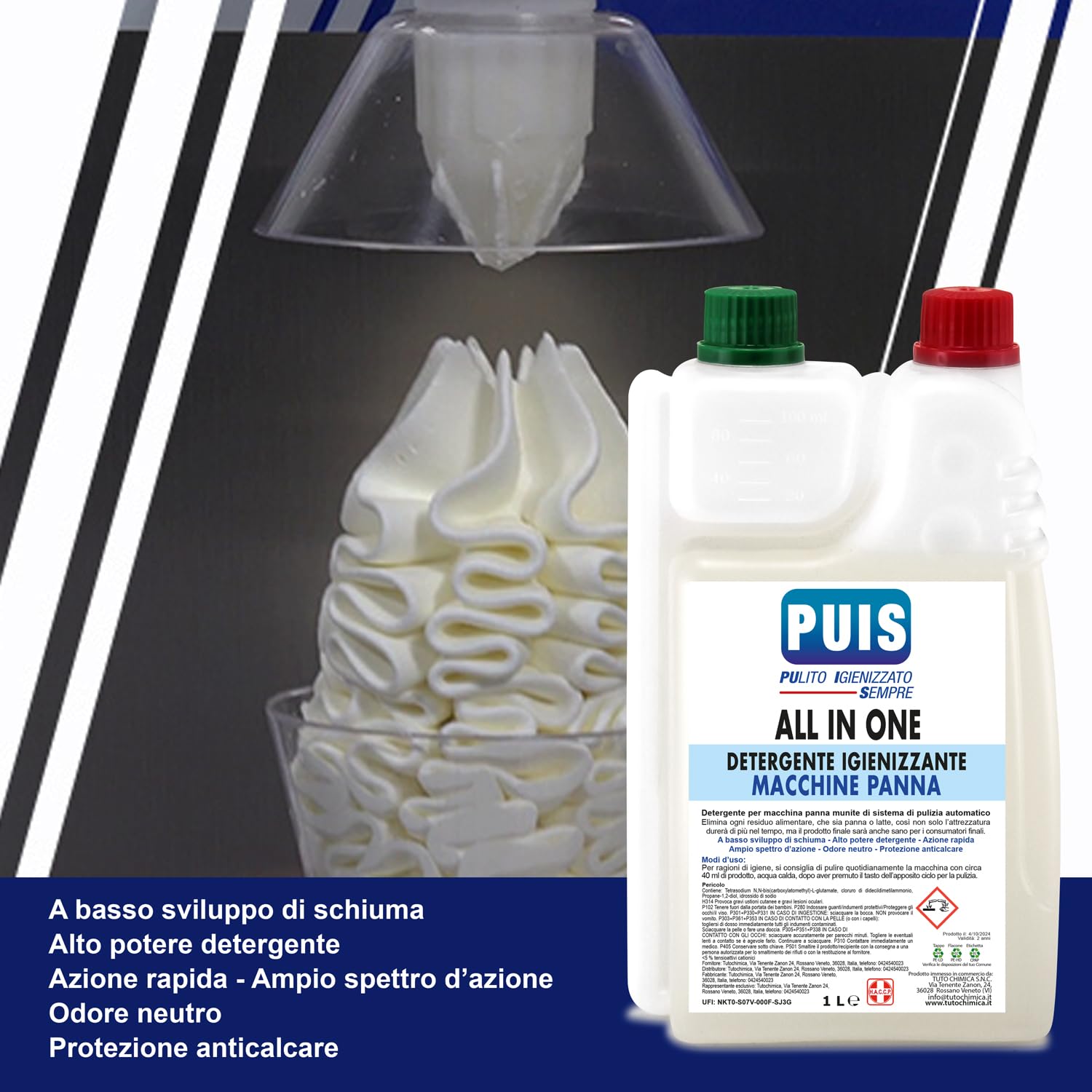 TUTO CHIMICA Detergente Igienizzante per Macchine Panna 1L, Scioglie Residui di Grasso e Proteine - Protezione Anticalcare