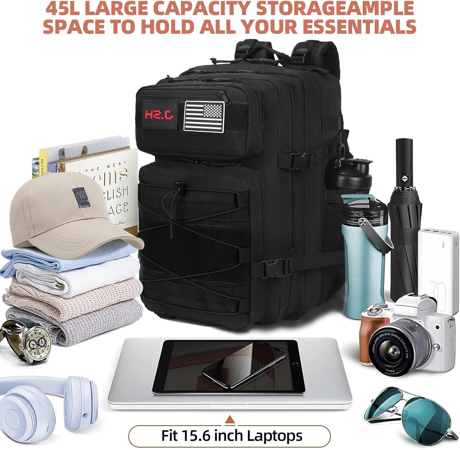 J.SH 25L/35L/45L Tactical Backpack Military Backpack Assault Bag Daypack Men and Women with Water Bottle Gym Bag - 45L Black - Image 8