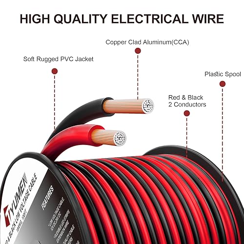 Vista 2 de Cable eléctrico de 100 pies calibre 14/2 rojo y negro, tiras de cable de extensión LED de 12 V/24 V CC, cable de extensión flexible de 14 AWG