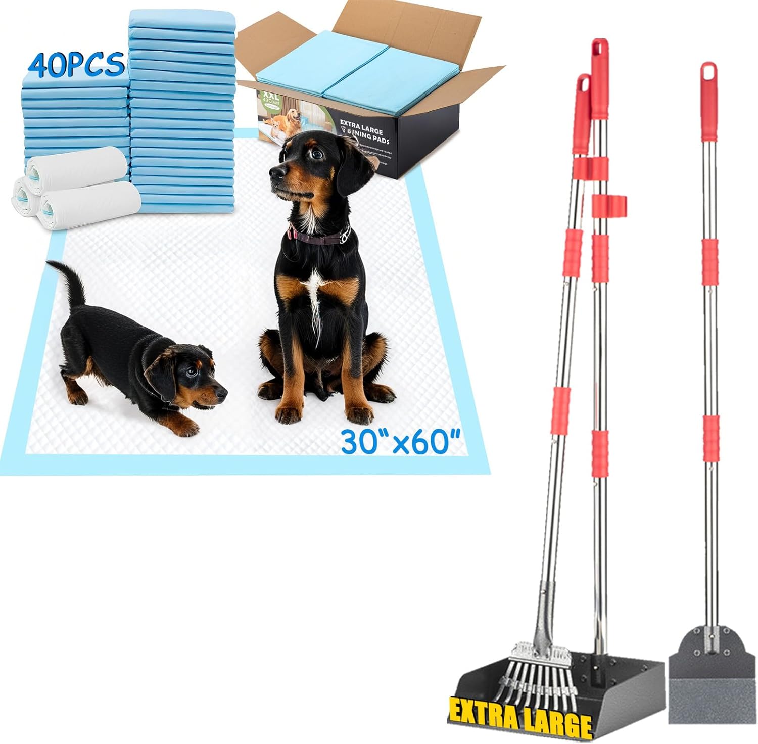 Dog Pooper Scooper Set, Pooper Scooper for Dog and Puppy Pads 40 Count Extra Large 30x36 Inch