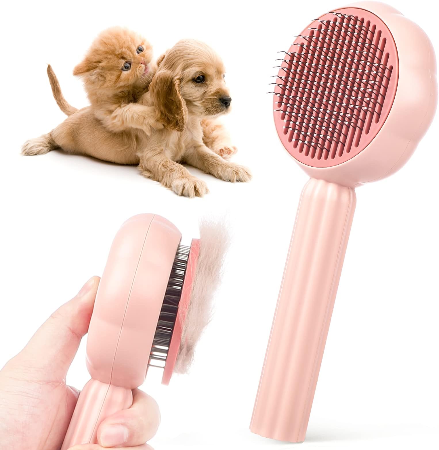 Baytion Cat Dog Brush, Self-Cleaning, Long Short Hair Brush, One Touch Design, Massage Combs and Effective Removal of Dead Hair(Pink-Sunflower)