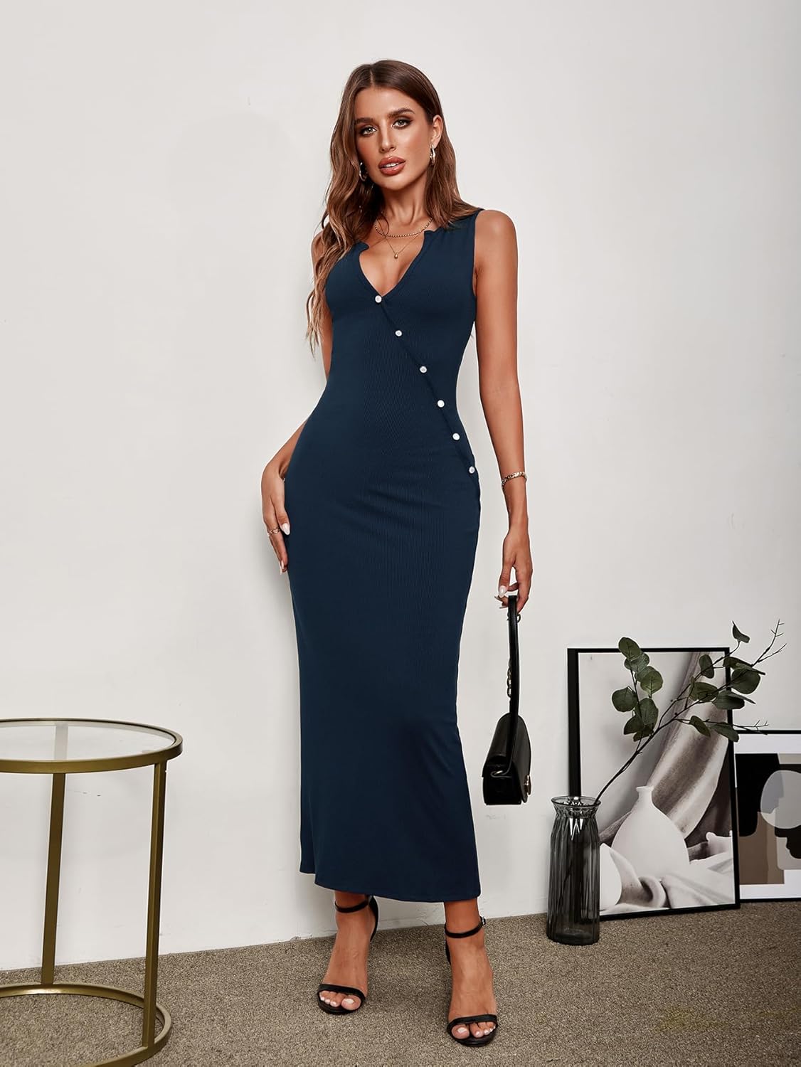 HTZMO Women Fall Knit Casual Long Dress Sexy V Neck Bodycon Wedding Guest Elegant Maxi Dresses - Image 6