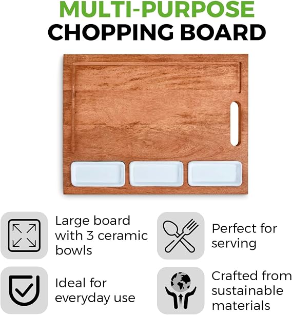 Tower Multi-Purpose Chopping Board with Ceramic Bowls, Suitable for Food Preparation and Serving, Mango Wood, T847044