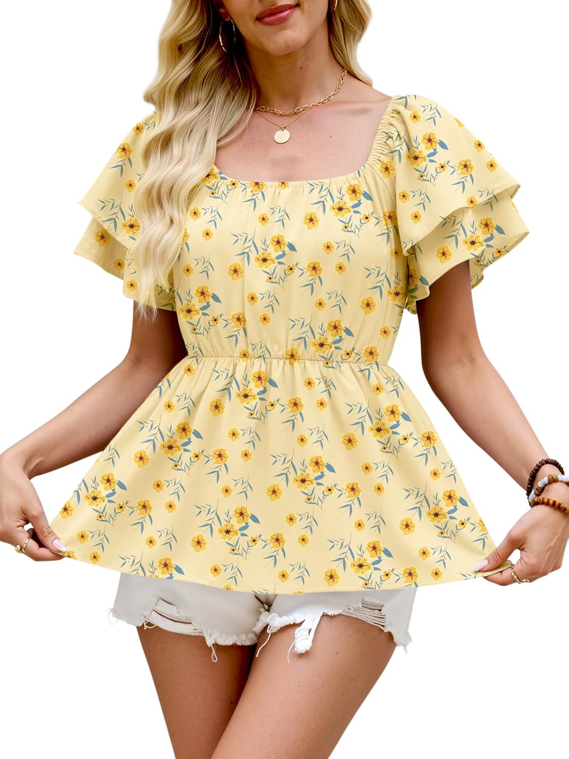 Womens Short Sleeve Boho Babydoll Tops Floral Square Neck Ruffle Peplum Blouse Smocked Vacation Tunic Top Dressy Tee Shirts - Image 2