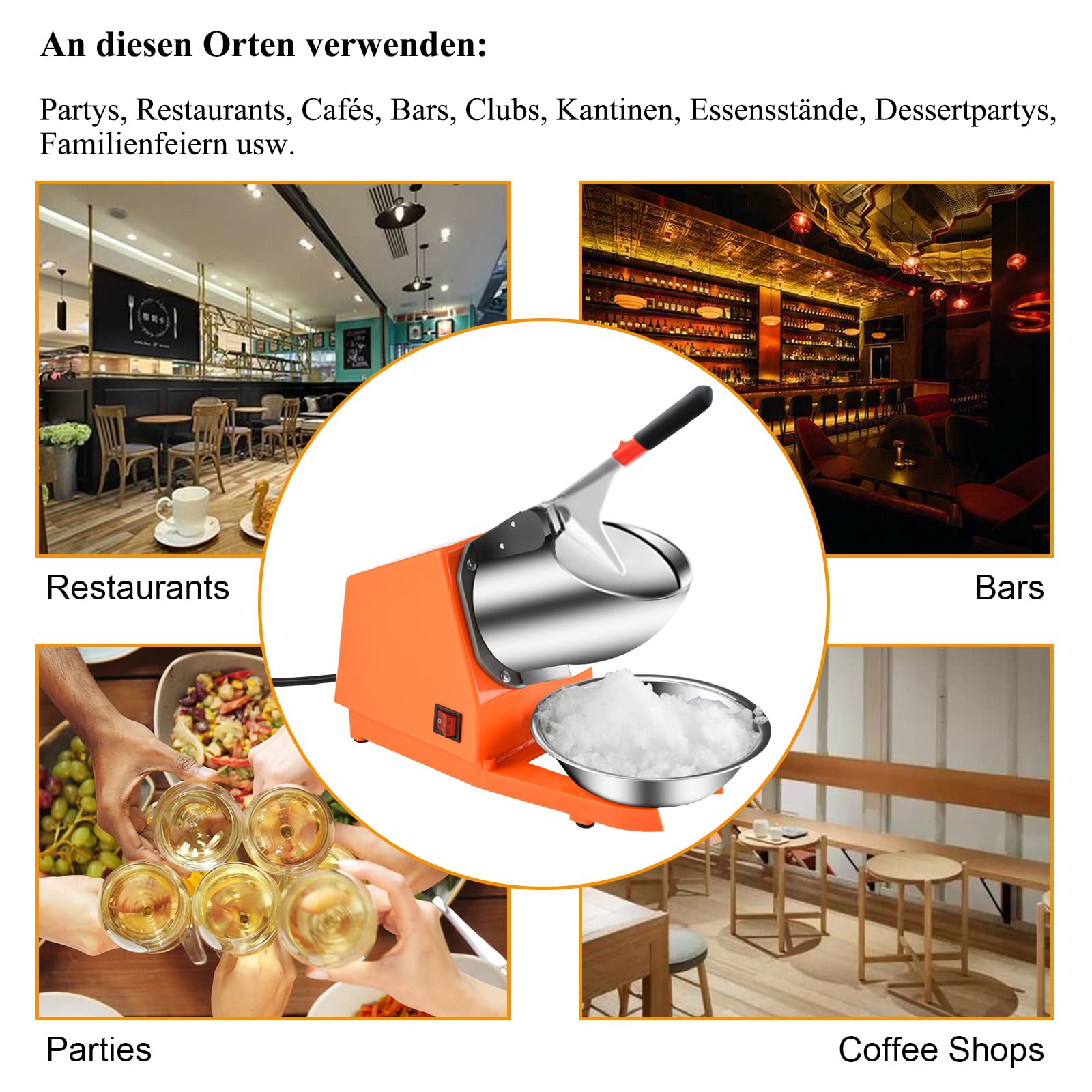 Picadora de hielo eléctrica, 300 W, 65 kg/h, doble cuchilla, picadora de hielo, batidora de hielo, máquina para restaurantes, bares, fiestas (naranja)