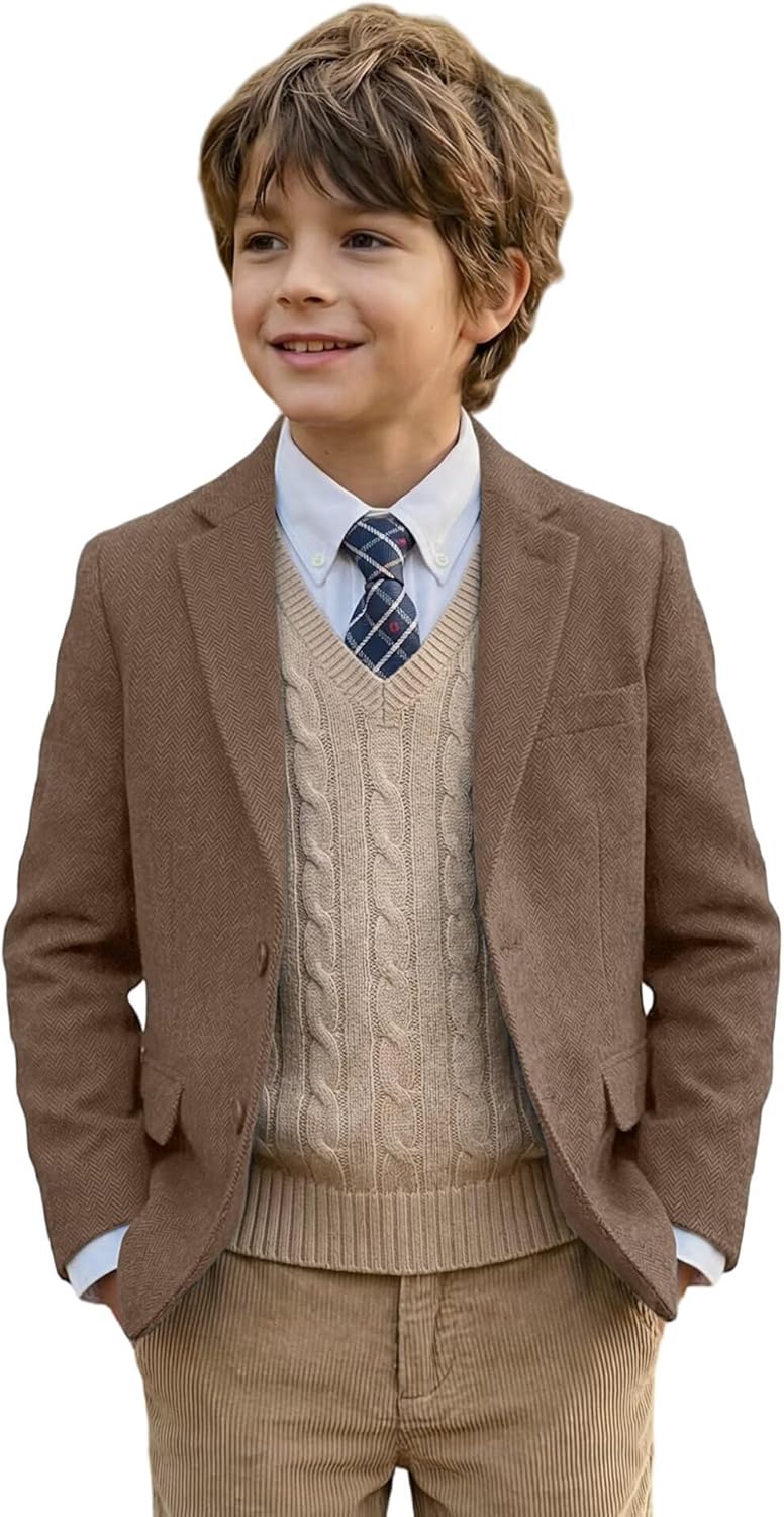 Boys Tweed Suit Blazer Herringbone Jacket Boy Sport Coats Slim Fit Retro Tuxedo Stylish Wedding Party Prom Homecoming