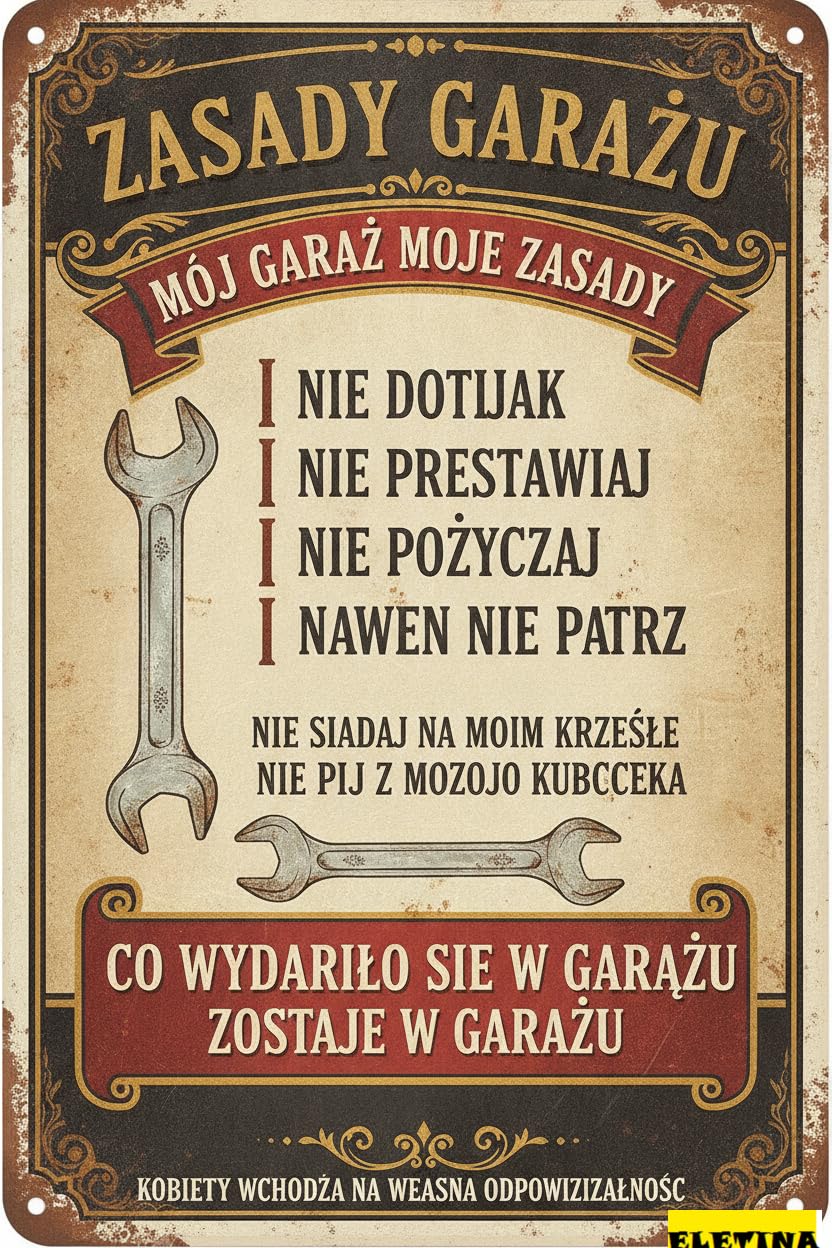 Personalized Sign for Man Cave Zasady Garazu Metal 8x12in Polish Garage Rules Plaque Workshop Wall Decor Bilingual Gift Private Property Decorative