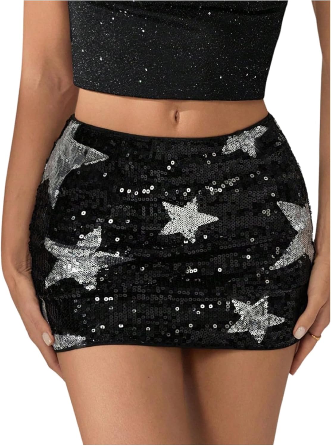 Floerns Women's Sparkly Sequin Skirt Y2k Going Out Rave Club Star Glitter Skirt