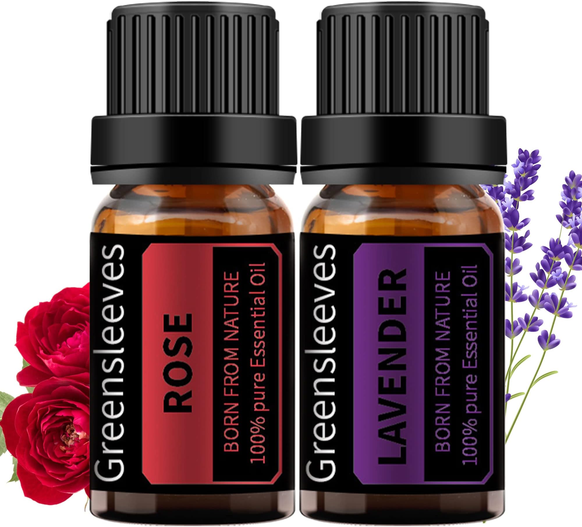GREENSLEEVES Rose Lavender Essential Oil Set, 100% Pure Aromatherapy Oils for Diffuser, Humidifier - 2 x 10ml