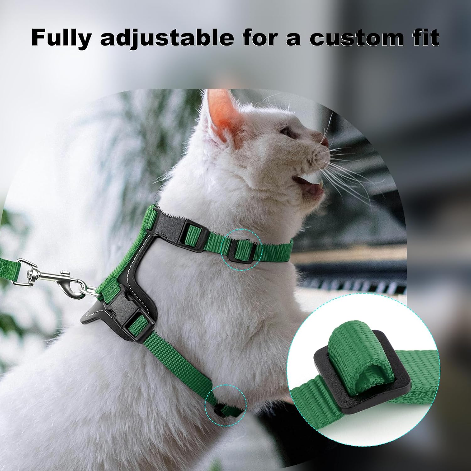 Plutus Pet Adjustable Cat Harness and Leash Set, with Leather Trim | Quick Release, Escape Proof Nylon Vest, for Kitten Small Medium Large Cats, Green