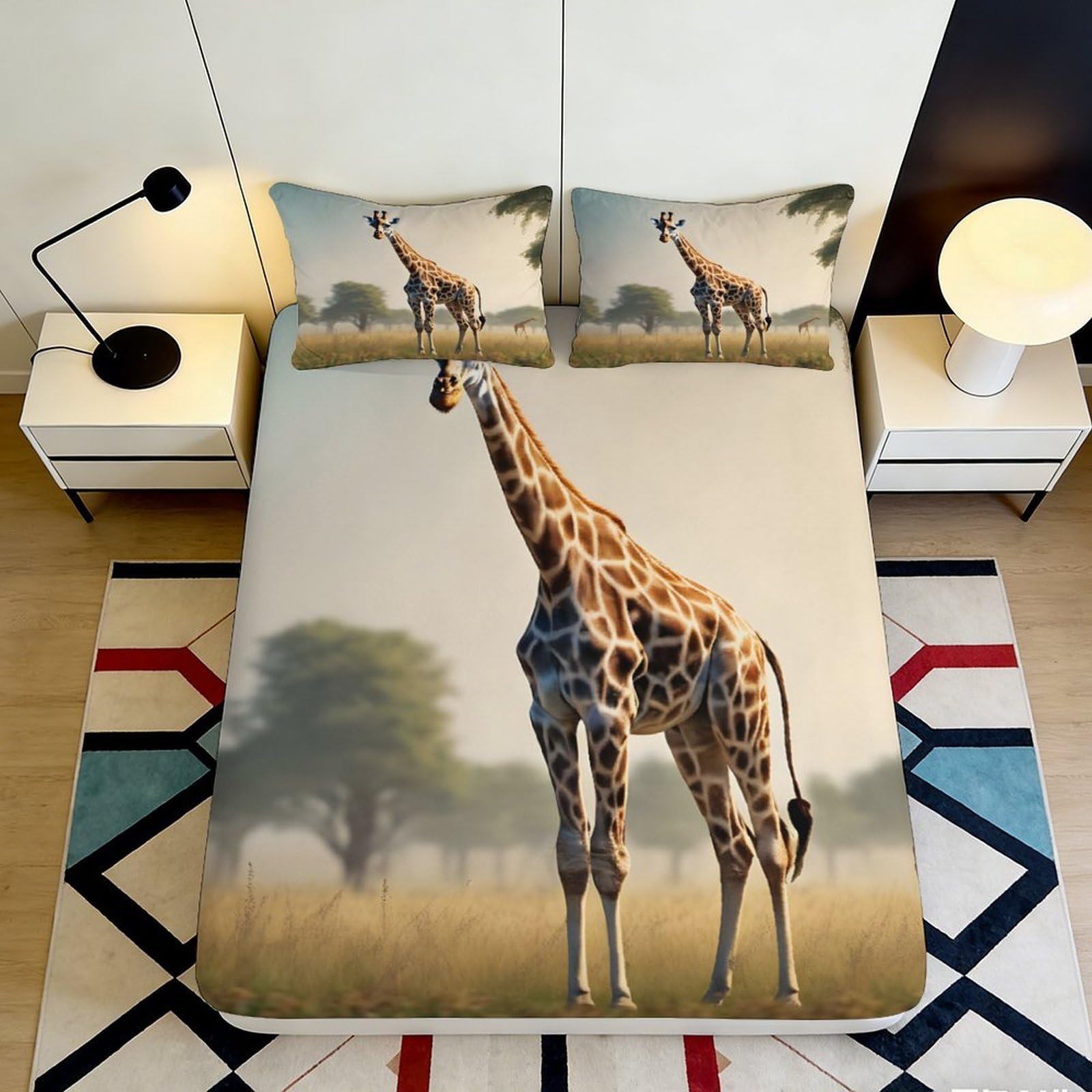 3D Printed Giraffe Safari Fitted Sheet Microfiber Soft Breathable Savanna Bed Cover for Bedroom Dorm Decor Mattress Protection 90x200x25cm
