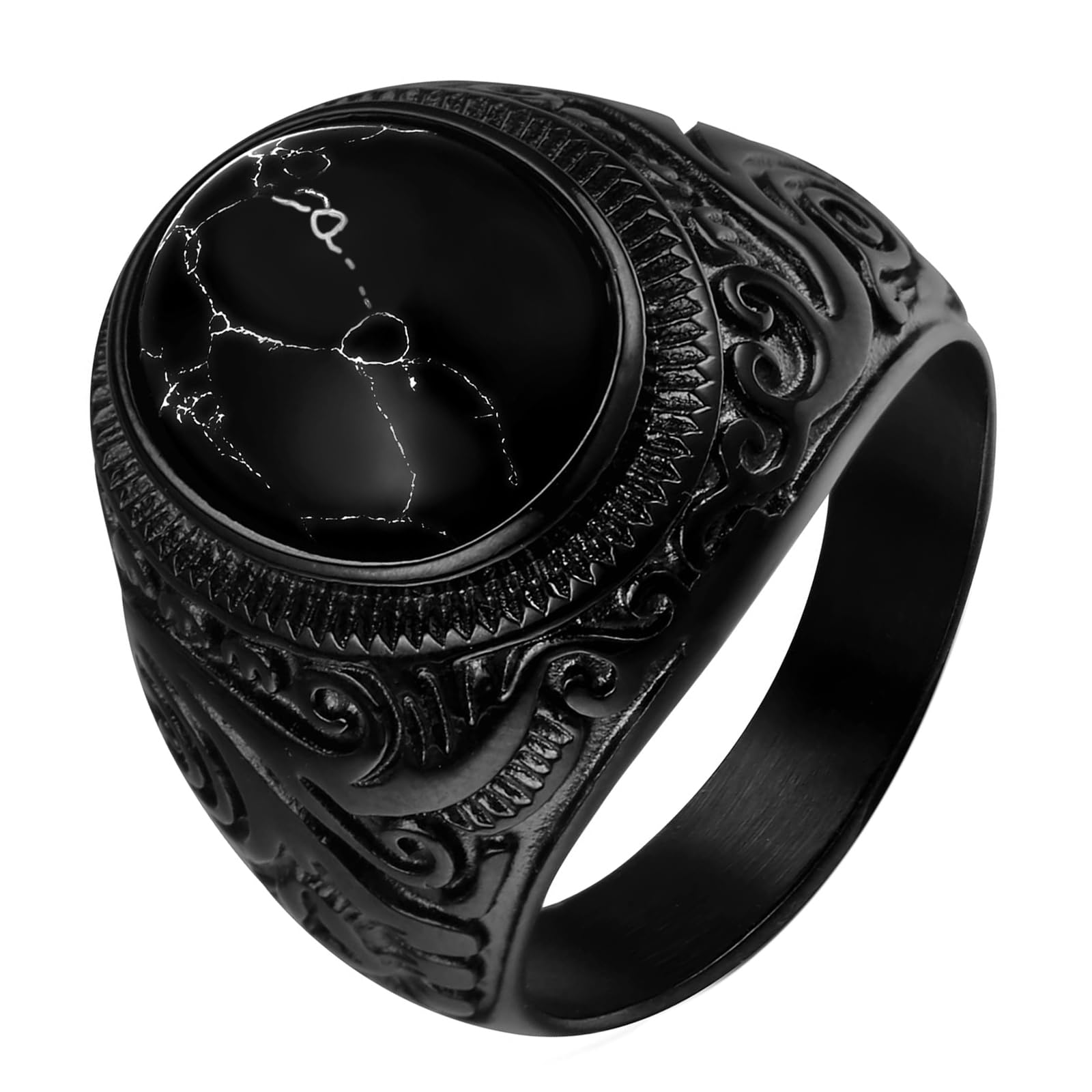 OIDEA Anillo de sello para hombre negro redondo: anillo de motorista de acero inoxidable con piedra de ágata para hombre, anillo punk rocker anillos vintage anillo de acero inoxidable anillo de firma