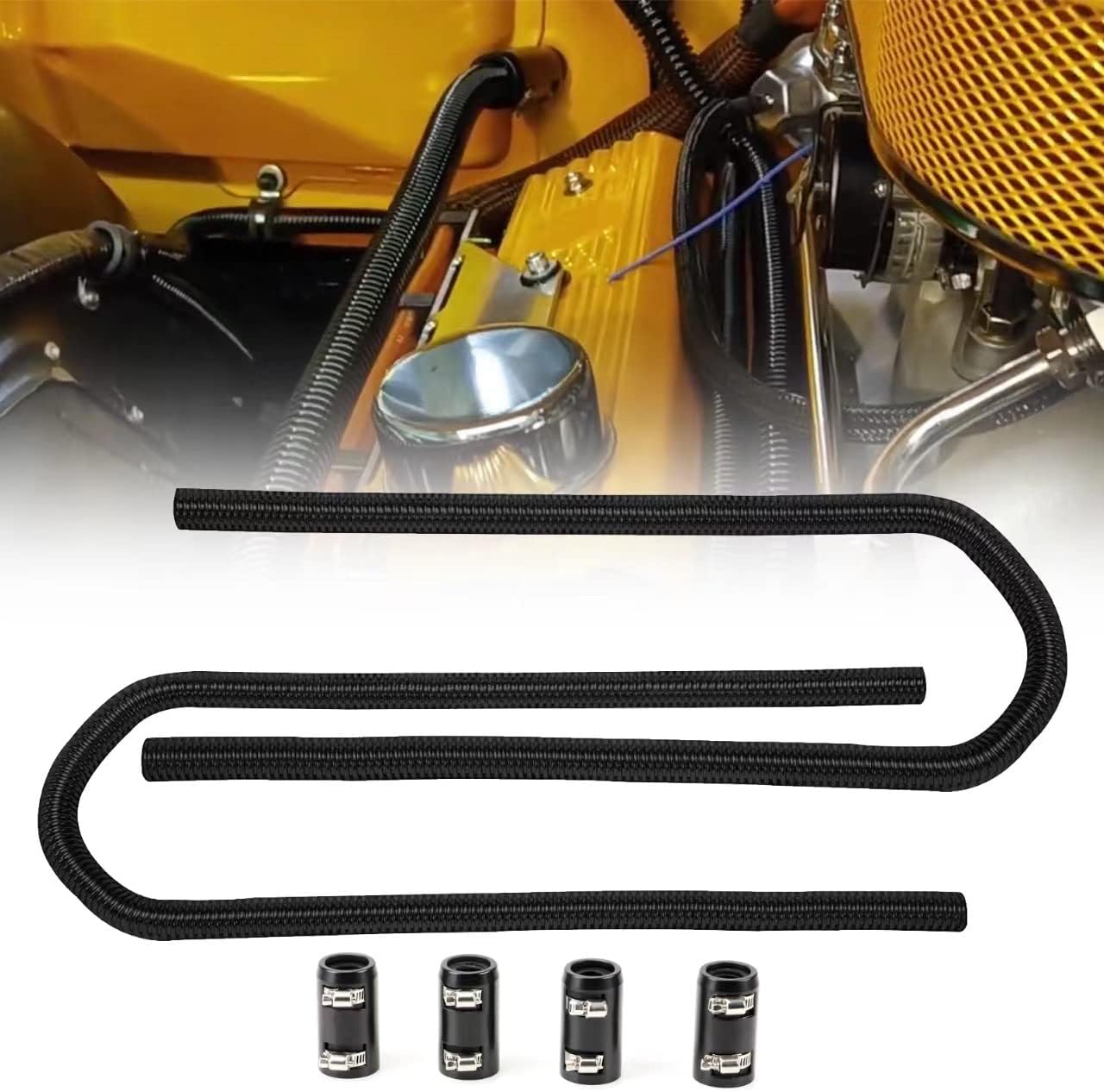 36" Stainless Steel Radiator Hose Flexible Universal Water Hoses Adapter Coolant Radiator Hose Kit With 2Pcs Chrome Caps Silver