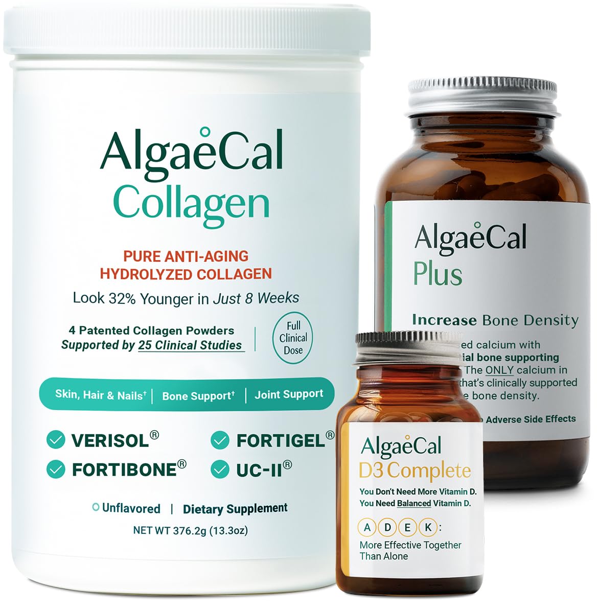ALGAECAL Calcium Vitamin D3 Collagen Bundle Hydrolyzed Collagen with Clinically-Supported Verisol Fortibone Fortigel Plus Calcium Vitamin ADEK Trace