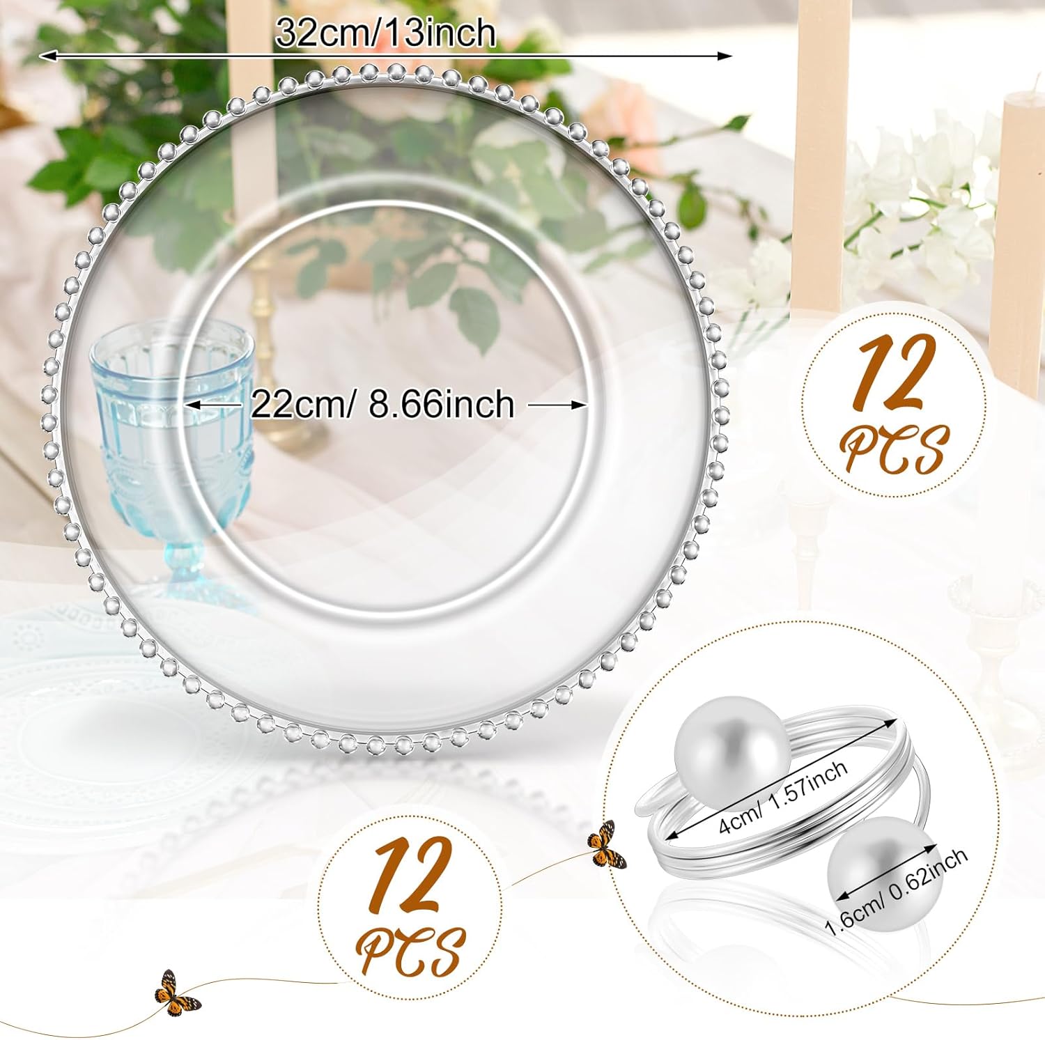 Tioncy 12 Set Clear Charger Plates Bulk Beaded Plastic Charger Plates 13 Inch, Napkin Rings, Acrylic Round Dinner Table Decorative Plate for Wedding Party Event (Clear and Silver)
