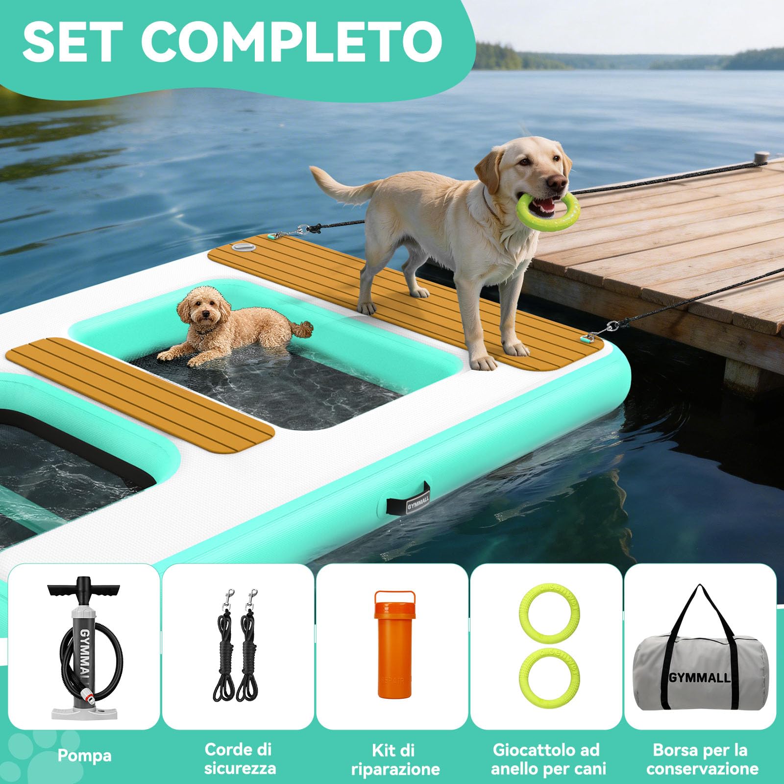 Rampa per Cani per Accesso all'Acqua Ottimizzata 170 x 120 cm, 2 in 1 Piattaforma Acquatica Gonfiabile per Cani, Portata Fino a 150 kg, Adatta per Pontili, Barche e Piscine