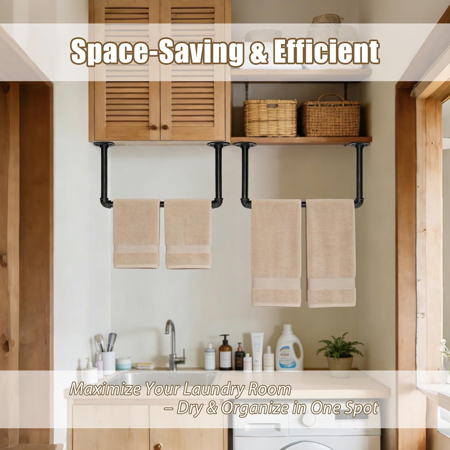 Aduanbang Industrial Wall Mounted Pipe Clothing Rack, 21.6 Inch Heavy Duty Black Iron Garment Bar, Detachable Hanging Rod for Closet Storage (4)