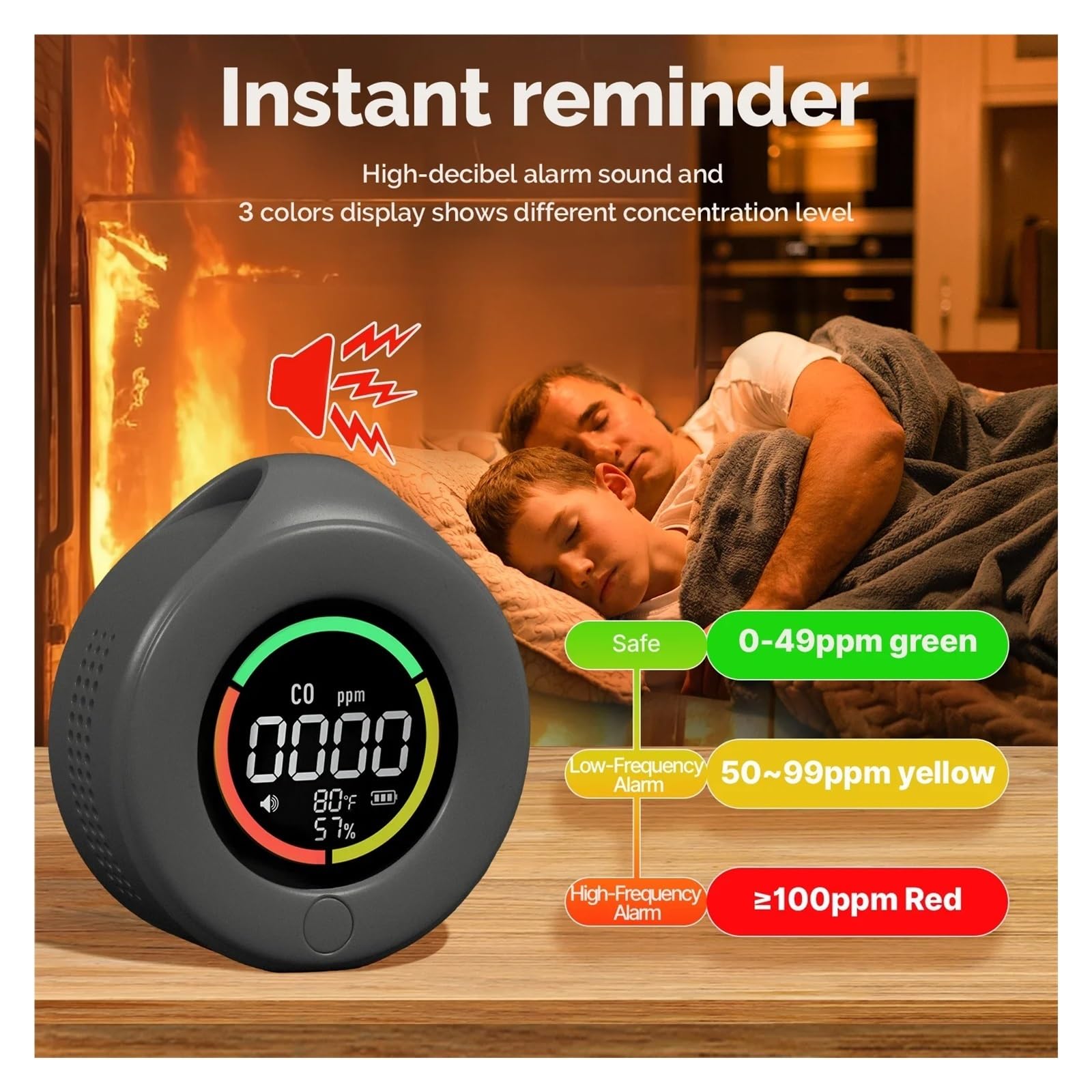 Détecteur de gaz, Mini détecteur de monoxyde Carbone Voyage 3 en 1, Portable, température/humidité/CO2, avec Aspiration magnétique(Orange Sensor)