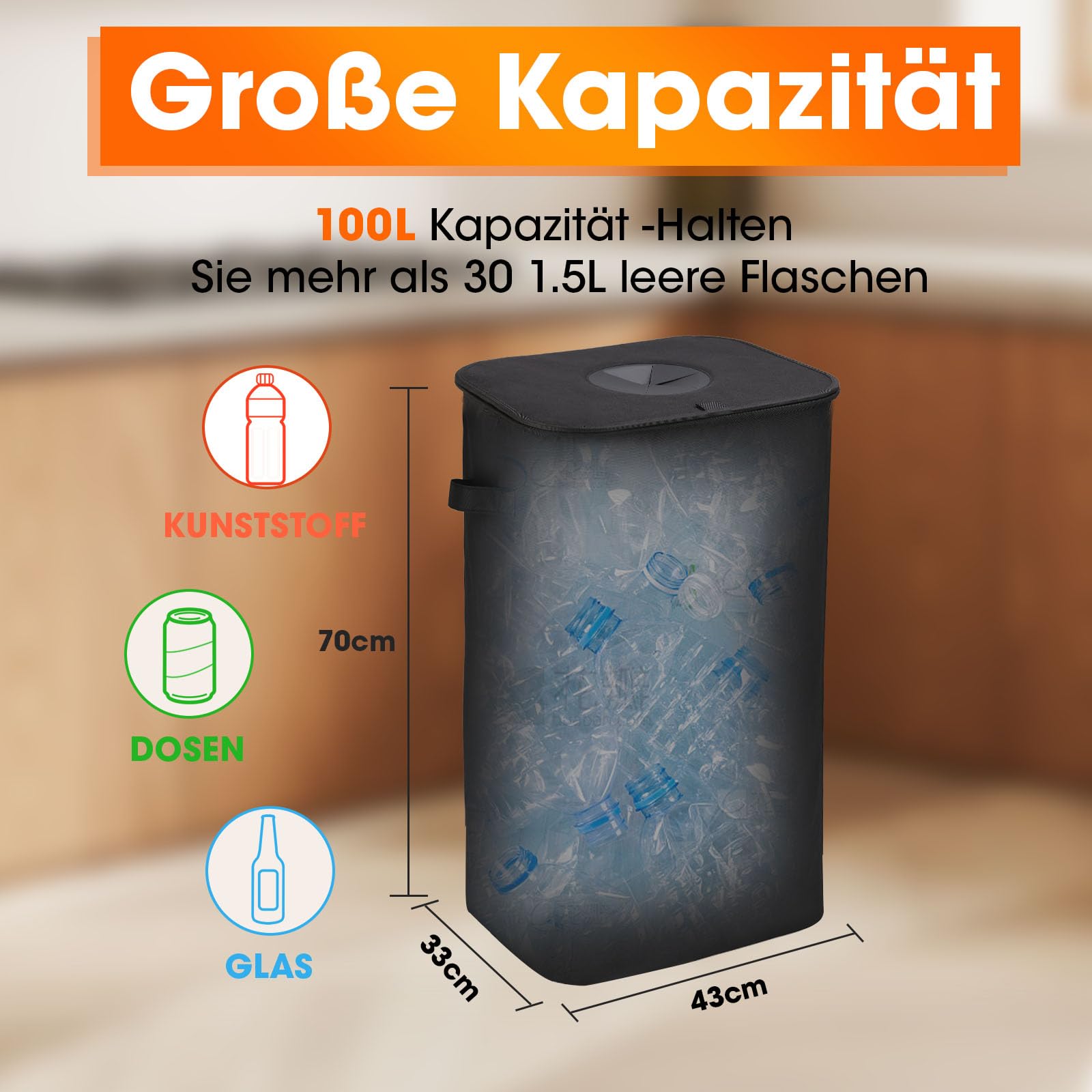 Pfandflaschen Sammelbehälter mit Deckel 100L: Groß Pfandflaschen Aufbewahrung mit 2 Tragetasche - Behälter Leergut & Altglas Aufbewahrung