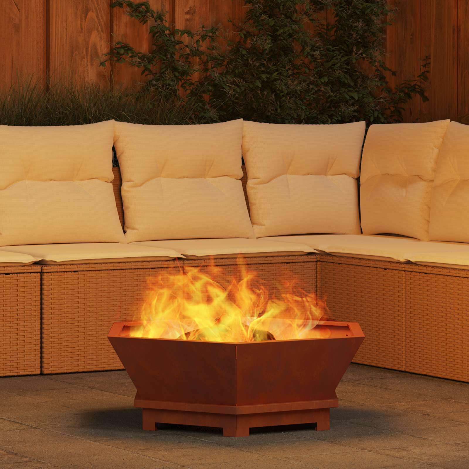 Brasero marrón de acero resistente a la intemperie, 75 x 75 x 28 cm, independiente para exterior terraza y jardín, ideal para calidez, llama y noches acogedoras al aire libre