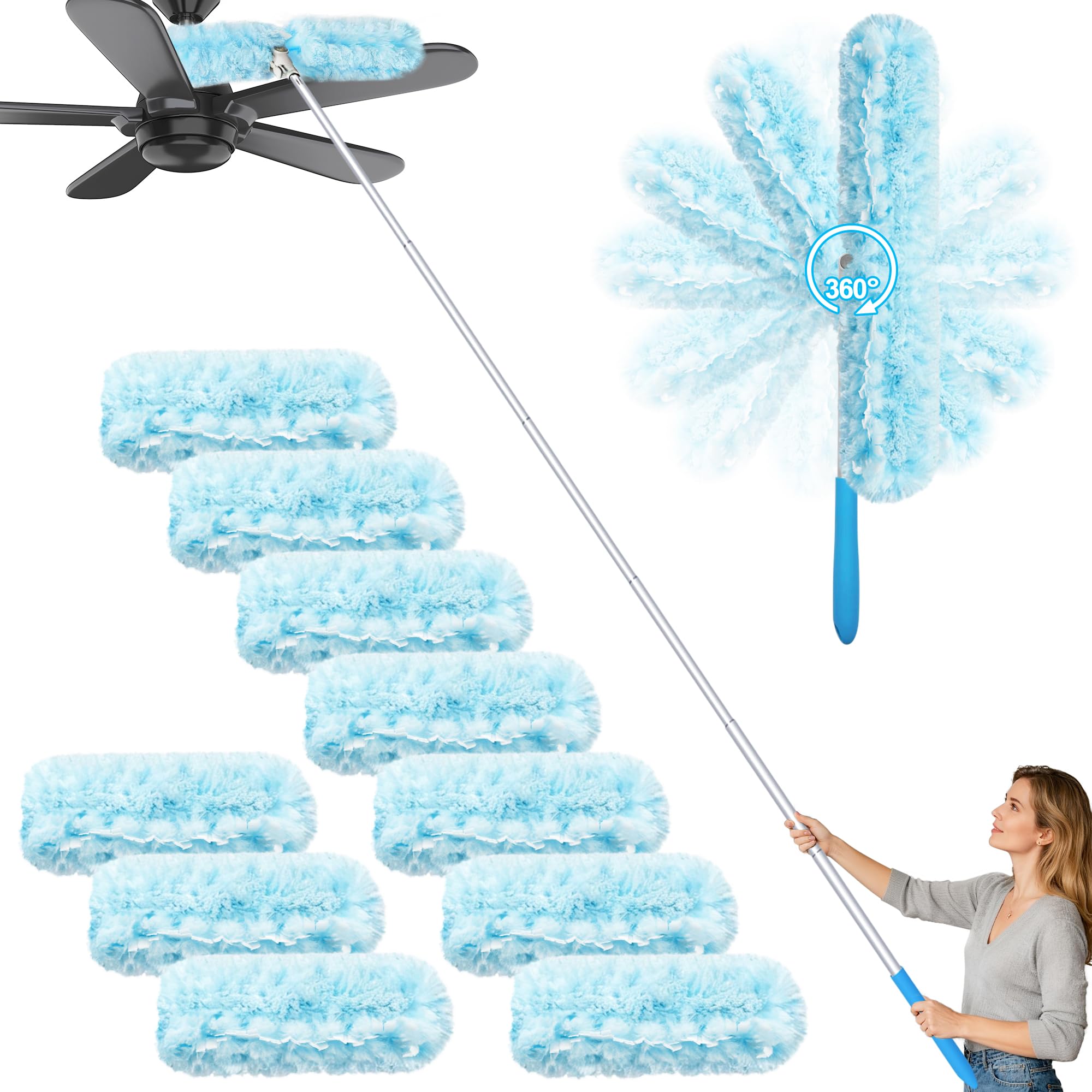 JEHONN Spolverino per Polvere 10 Ricariche Compatibile con Swiffer Bastone, 180 cm Togli Ragnatele Allungabile Resistente Kit Iniziale per Soffitto Ragnatela Ventilatore Tenda Mensole Finestra