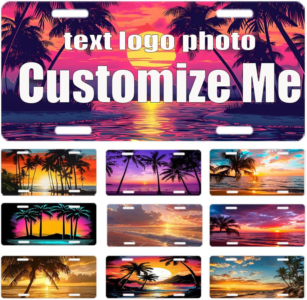 Beach Sunset Custom License Plate Cover Personalized License Plates with 4 Holes Car Front with Text Image Logo Decor Accessory Novelty Vanity Customized Metal Aluminum Car Tag 6 * 12 in