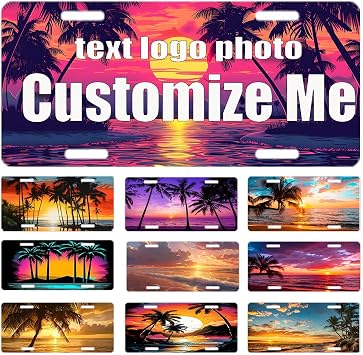 Beach Sunset Custom License Plate Cover Personalized License Plates with 4 Holes Car Front with Text Image Logo Decor Accessory Novelty Vanity Customized Metal Aluminum Car Tag 6 * 12 in