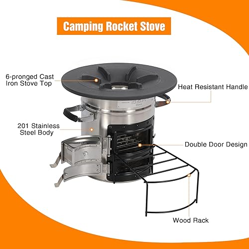 Miniatura 3 de Lineslife Estufa de cohete para acampar con sartén para cocinar, estufa de leña portátil de acero inoxidable con bolsa de transporte para