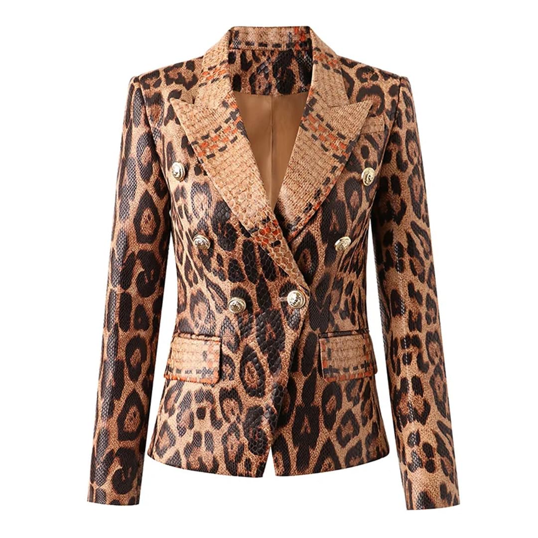 Spring Women Double Breasted Blazer Jacket Animal Snakeskin Pattern PU Leather Jacket