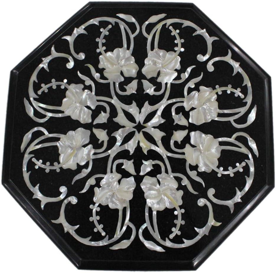 Black Marble Inlay Pietra Dura Coffee Octagonal Table Top 12" ~ Inch Beautiful Heavy White Floral Design Handmade Luxury and Modular Home Decor Indoor Made from One Marble for Gift Purpose