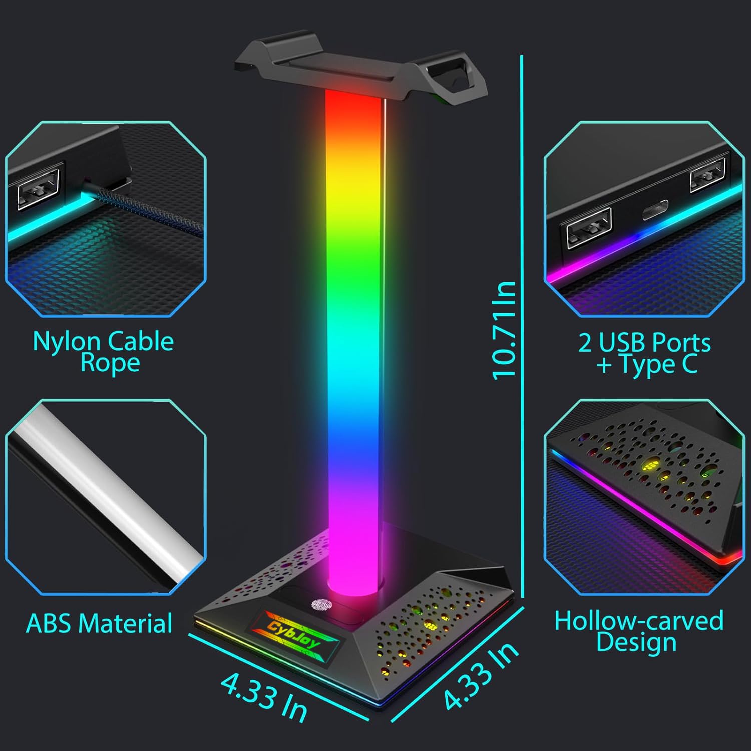 Soporte para auriculares RGB, soporte para auriculares para juegos con 2 puertos de carga USB, 10 modos de luz, soporte para auriculares de PC, adecuado para todos los accesorios de