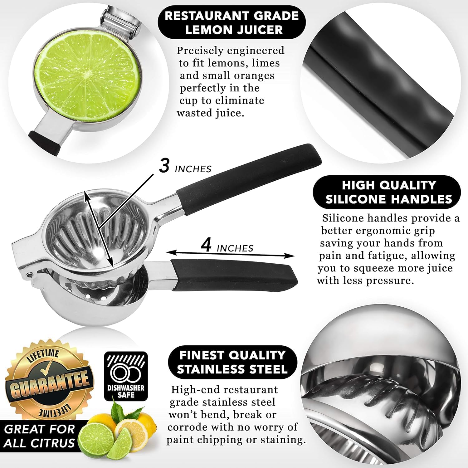 Lemon Squeezer Stainless Steel - Manual Citrus Juicer Large, Metal Lime Squeezer Hand Press, Orange Juice Extractor with Non-Slip Grip, Dishwasher Safe - TUISWO (Silver/Black)