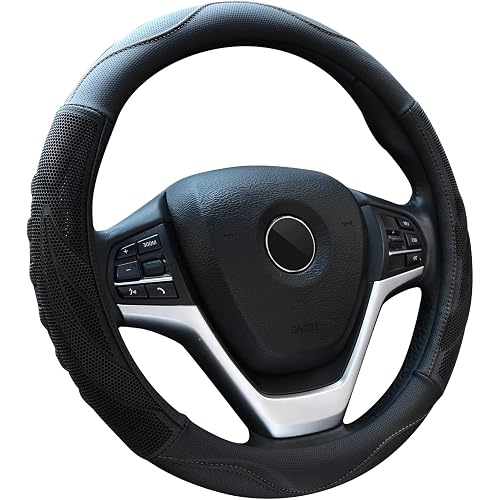 Alusbell Breathable Auto Car Steering Wheel Cover for Men and Women Microfiber Leather 15 Inches Black