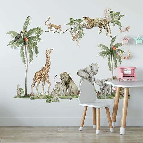 Miniatura 4 de Calcomanías de pared de acuarela de animales de la selva, mono, pájaro, leopardo, elefante, jirafa, calcomanías de pared extraíbles para niños,