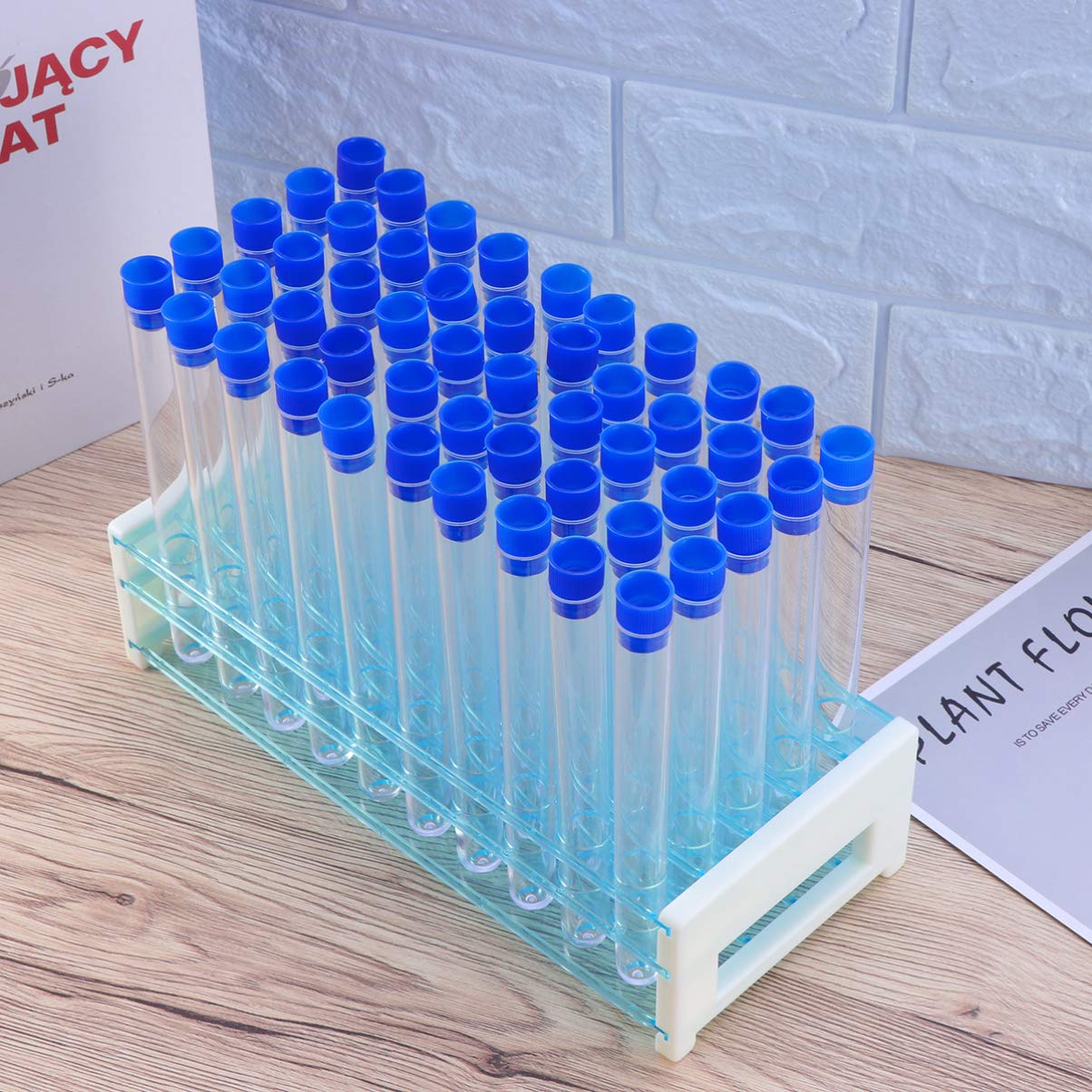 Tubo de Ensayo de Plástico Duro 50 Piezas con Soporte Azul | Cierre Sellado, Apto para Experimento Científico y Uso Doméstico, Adecuado para Guardar Polvo