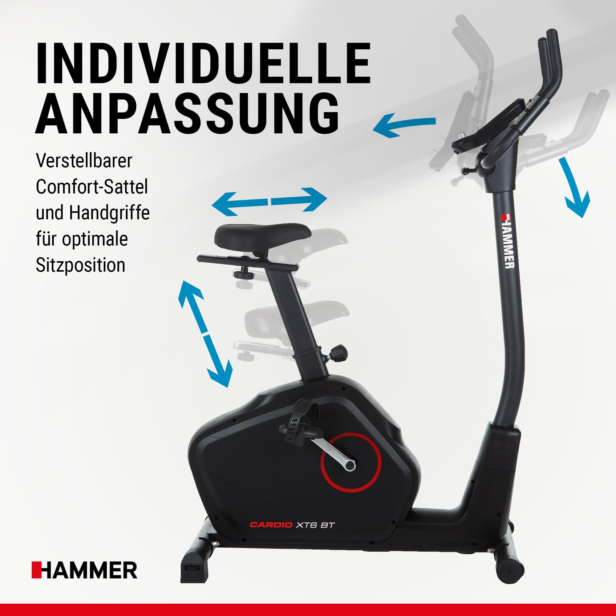 HAMMER 4862 Ergometer Cardio XT6 BT, leises Fitnessfahrrad mit tiefem Einstieg und Comfort-Sattel, 13 kg Schwungmassensystem, Bluetooth & App-Steuerung, 130 kg Benutzergewicht, 93 x 51 x 150 cm