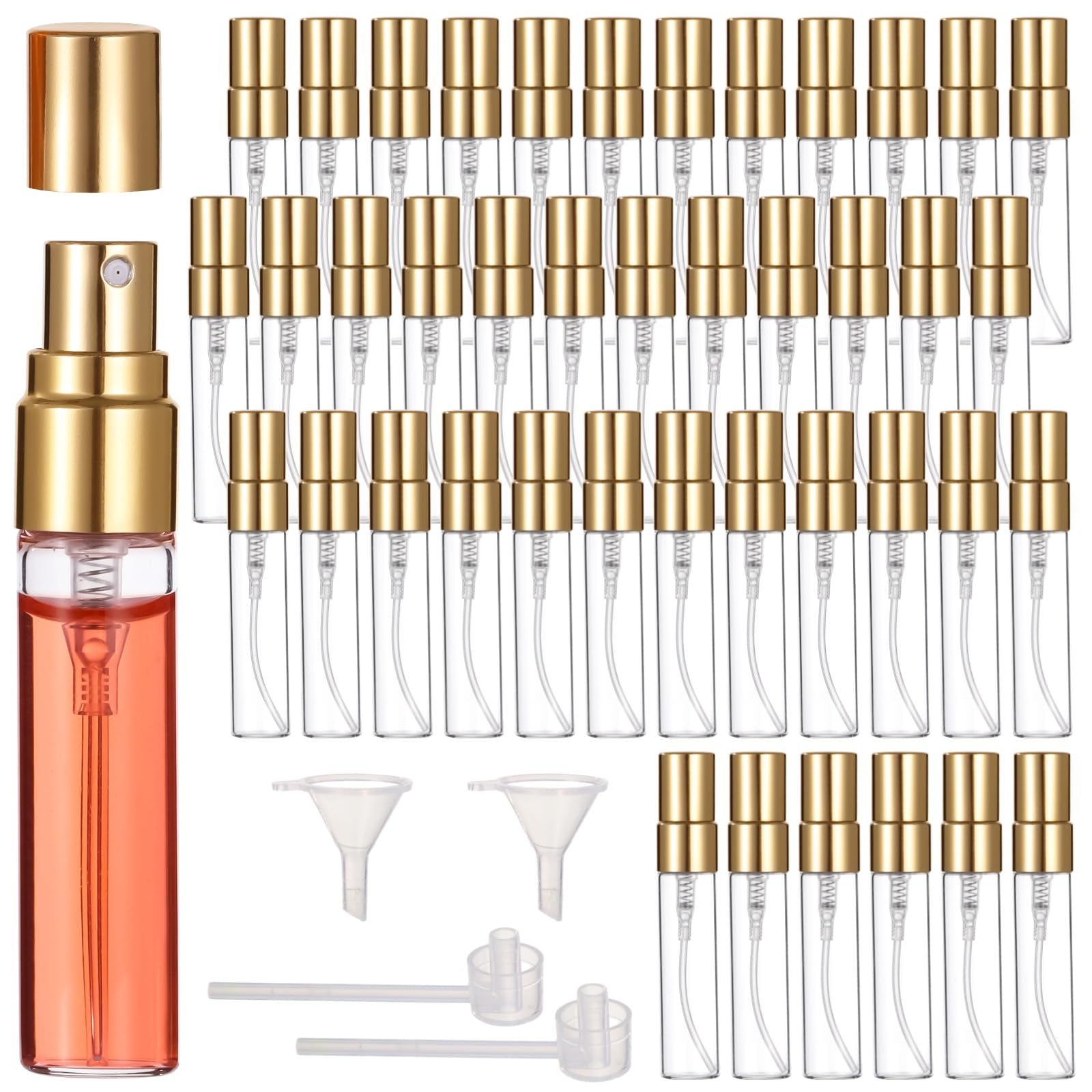 50 szt. mini butelek z rozpylaczem, 5 ml, do wielokrotnego napełniania, złote rozpylacze z drobną mgiełką z nakrętkami, podróżne pojemniki na próbki na płyny, w zestawie 2 lejki i 2 dozowniki