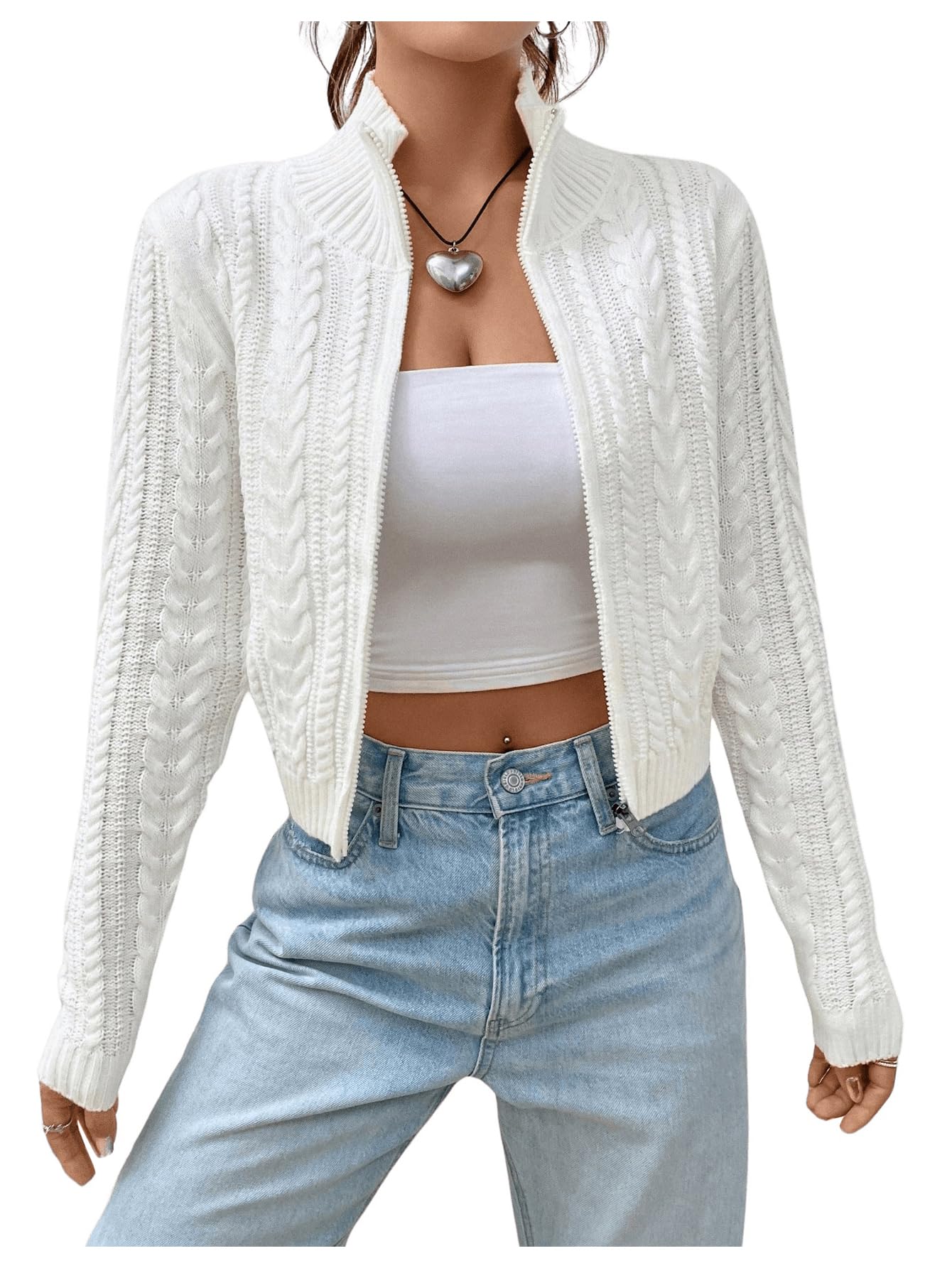 MAKEMECHIC Womens Cropped Cardigan Sweaters Fall Long Sleeve Y2K Zipper Cable Knit Jacket