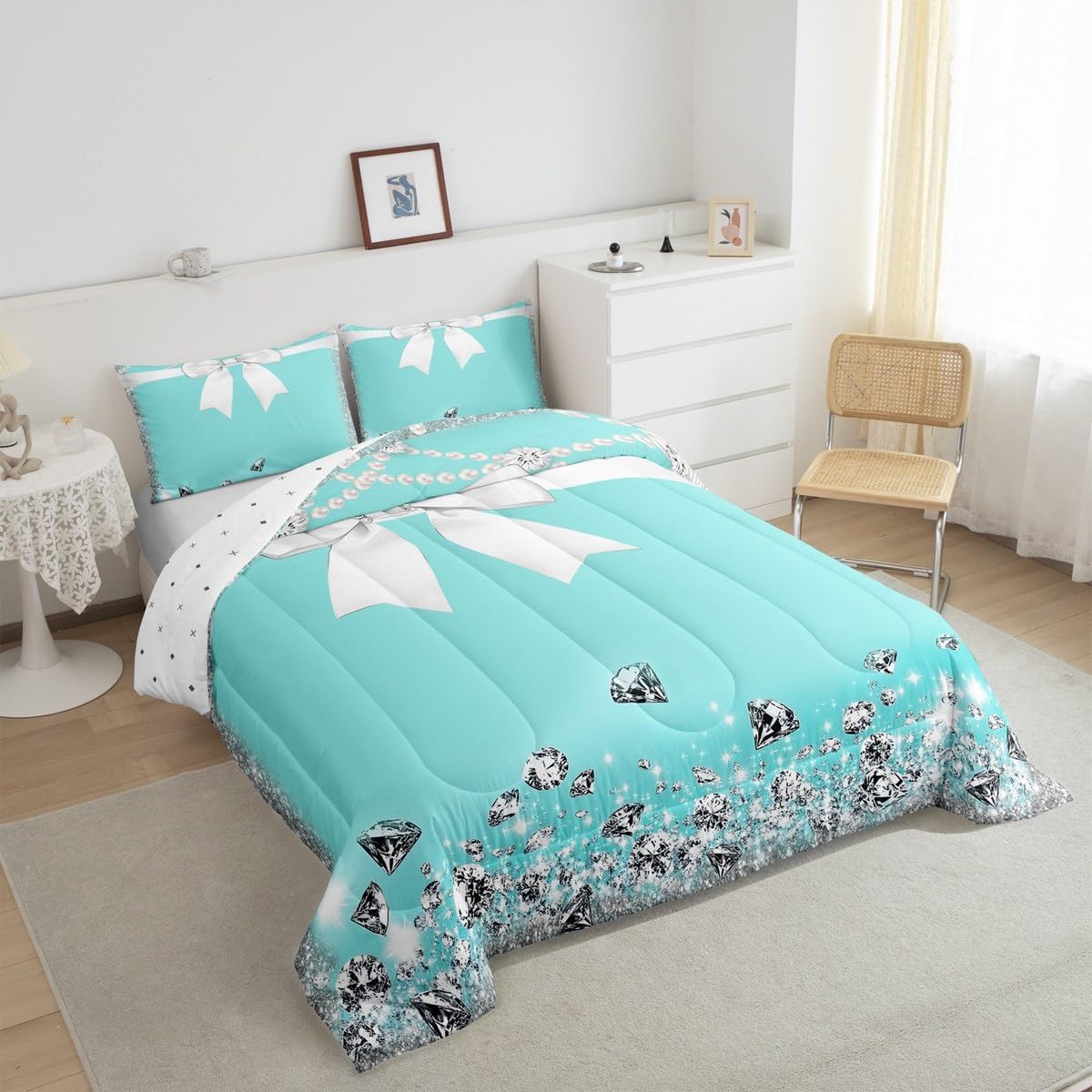 Erosebridal Bowknot Comforter Set for Kids, Diamond Glitter Bedding Set King Size, Pearl Bow Knot Comforter for Girls Boys Teens Bedroom, Kawaii Aesthetic Quilt with 2 Pillow Cases, Teal Blue