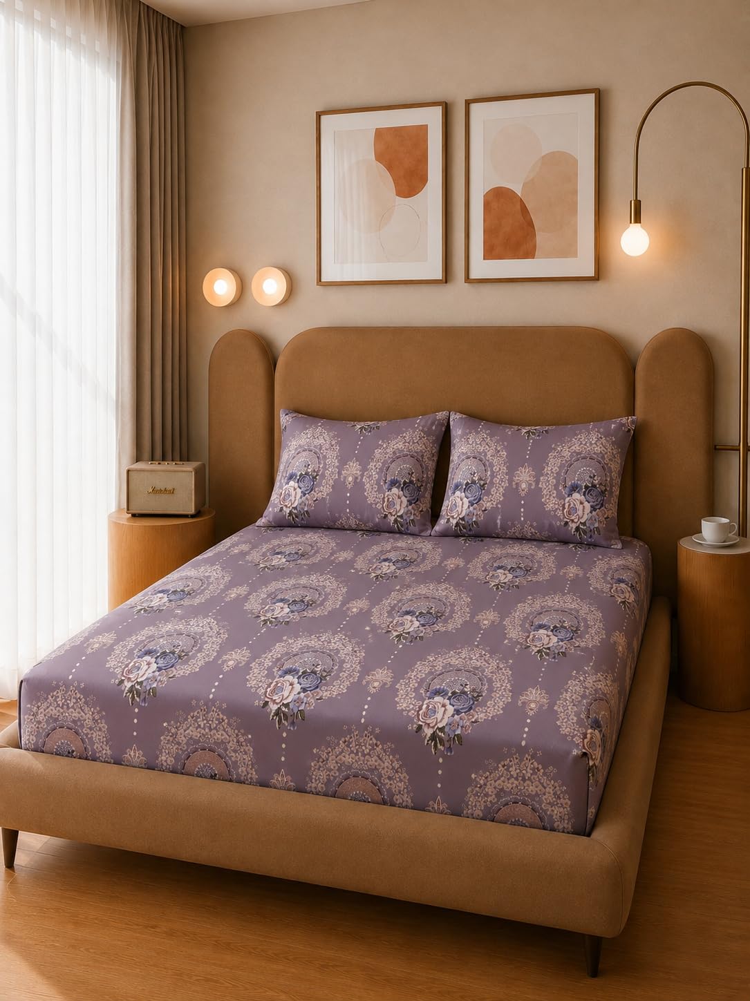 THE HOME STYLE Cotton Feel Glace Cotton Elastic Fitted Printed King Size Double Bed Bedsheet with 2 Pillow Cover Fits Upto 8 Inches Mattress, 300TC (72"x78", Lavender Mauve)