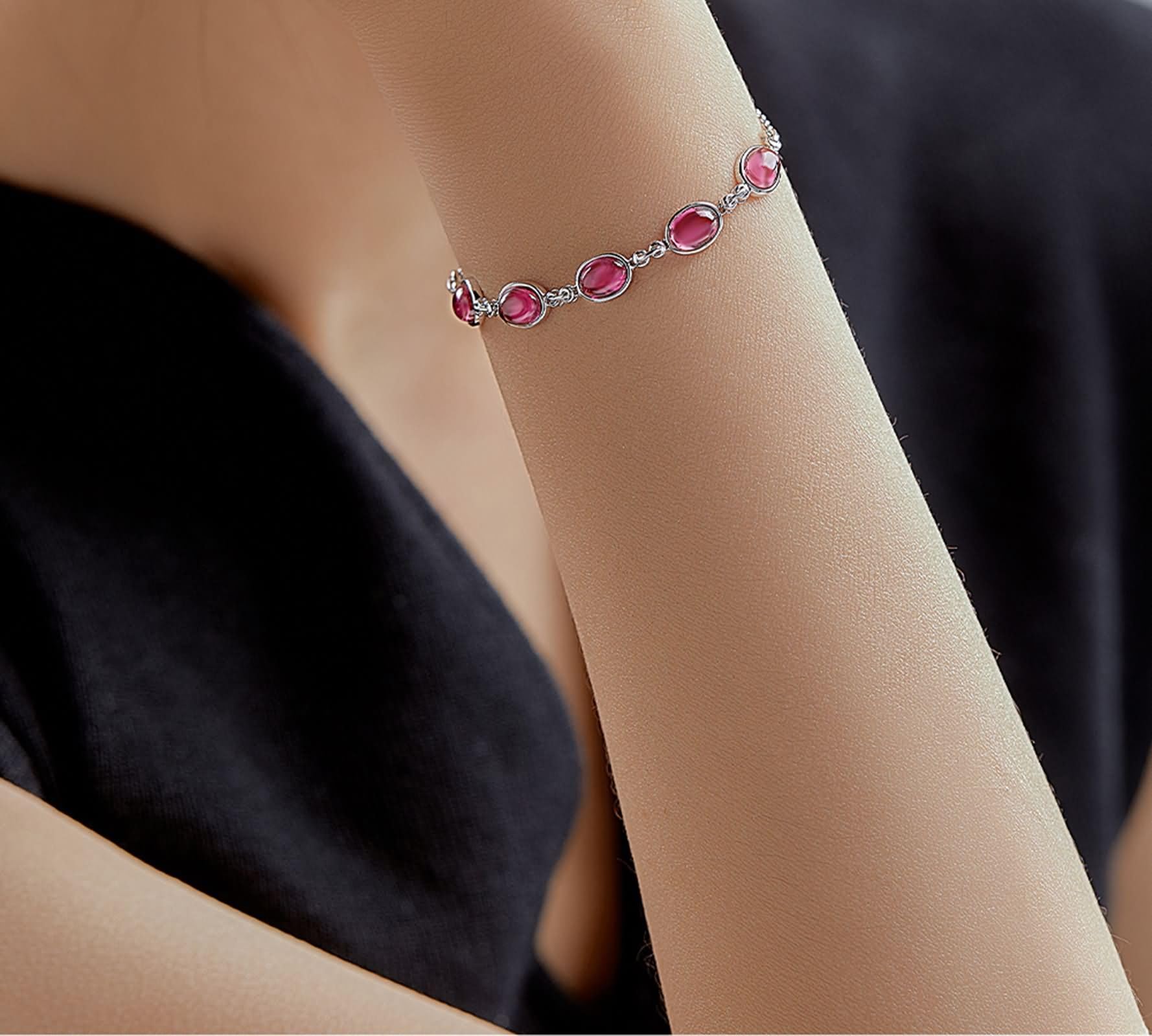 Pulseras ovaladas para madre e hija con rubí, pulseras de oro de 14 quilates para mujer, 20 + 3 cm